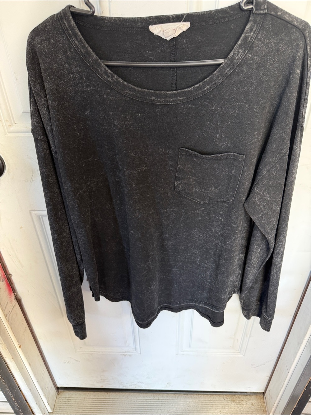 Pink Rose Washed Black Long Sleeve Pocket Tee